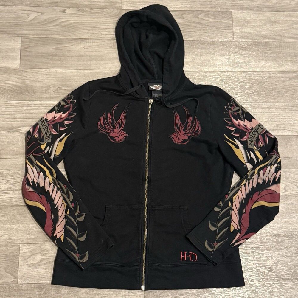 VTG Harley Davidson Tattoo Print Hoodie Womens L Y2K Zip Up Swallow Flame Black